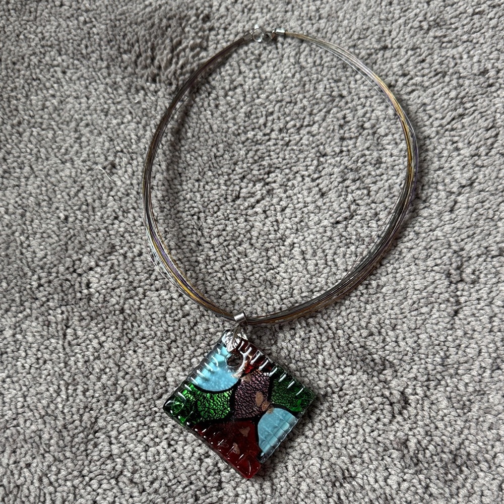 Multicolor Art Glass Square Pendant Silver Tone Multi Strand Choker Necklace